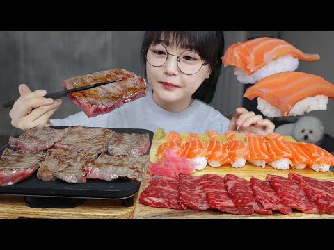 Видео: Жареная говядина и Суши с лососем🥩🍣Mukbang ASMR