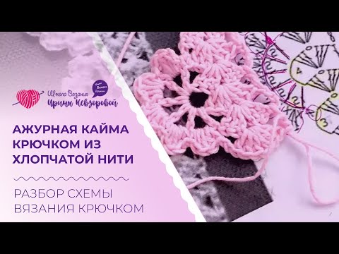 Видео: Ажурная кайма крючком из хлопчатой нити. Разбор схемы вязания крючком