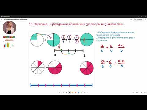 Видео: 16. Събиране и изваждане на обикновени дроби с равни знаменатели