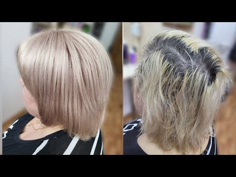 Видео: Тотал блонд. Обесцвечивание на 12%. Тонирование 9/76 Эстель.