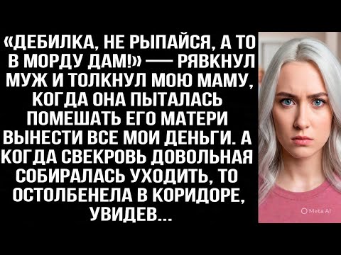 Видео: «ДEБИЛКА, НЕ РЫПАЙСЯ!» — РЯВКНУЛ МУЖ И ТОЛКНУЛ МАМУ, КОГДА ТА МЕШАЛА СВЕКРОВИ ВЫНЕСТИ МОИ ДЕНЬГИ.