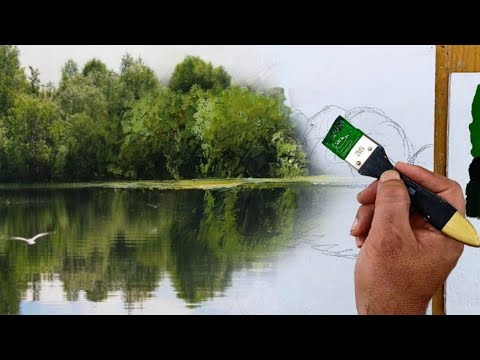 Видео: Рисуем пейзаж / реку и деревья акриловыми красками для начинающих, шаг за шагом