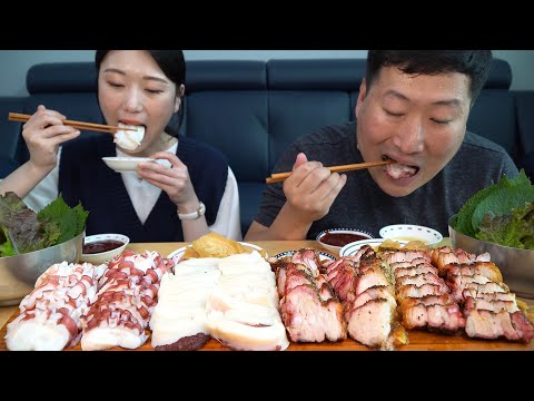 Видео: Пропаренный осьминог и самгёпсал с новым гостем Ами - шоу еды Мукбанга.