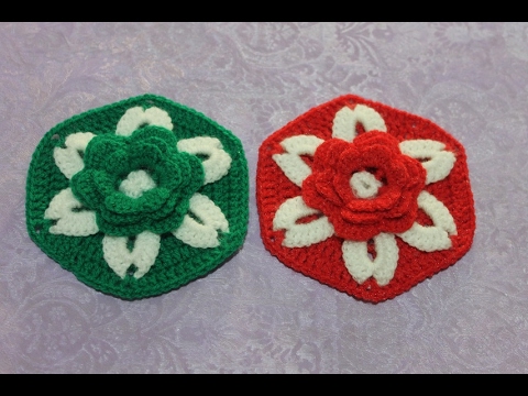 Видео: Шестиугольный мотив с объемным цветком крючком. Crochet Hexagon Motif with a Flower.