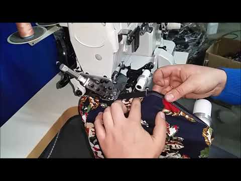 Видео: Швейная плоскошовная машина для пришивания резинки к боксерам с ножом для подрезки материала