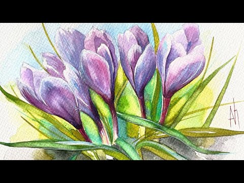 Видео: Крокусы акварелью мастер-класс