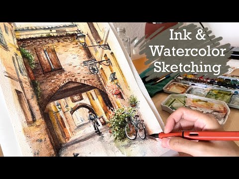 Видео: Зарисовка уличной сцены в Италии | Учебное пособие по тушью и акварели | Добавляем глубину рисункам