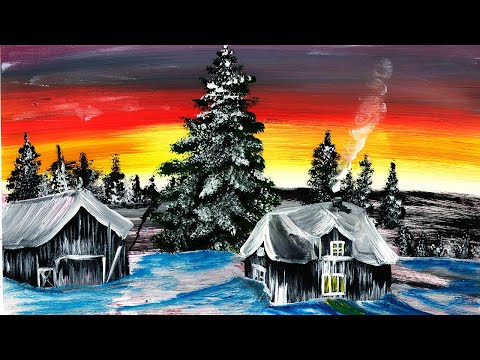 Видео: Нарисуем зимний пейзаж в деревне. Рисуем домик зимой. Правополушарное рисование. Зима. Закат.