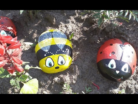 Видео: РОСПИСЬ по КАМНЮ/ КАМНИ из ЦЕМЕНТА (бетона)/Рисуем на камнях/Божья коровка, пчёлка на камне для сада