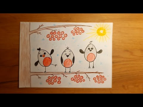 Видео: Зимний рисунок снегири