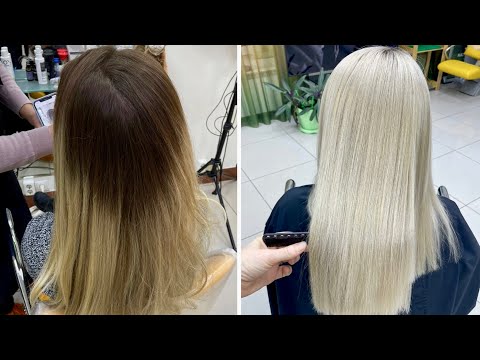 Видео: Тотальный блонд с темным корнем. Обесцвечивание коричнево - каштановых волос и желтой длины