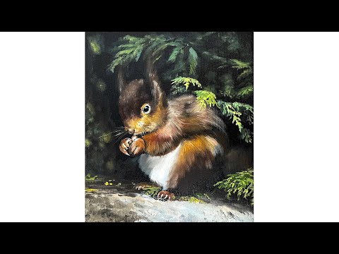Видео: Белочка на черной имприматуре. Холст 45х40, масло
