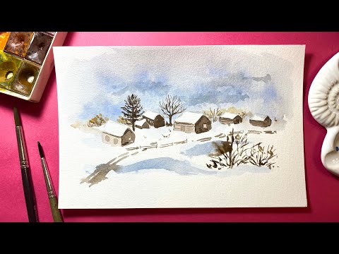 Видео: Снежная зима в деревне акварелью. Рисуем простой пейзаж поэтапно