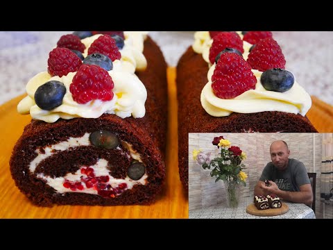 Видео: ШОКОЛАДНО-МЕДОВЫЙ рулет с масляным кремом и ягодами. БЫСТРАЯ Выпечка к чаю