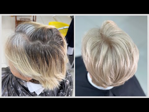 Видео: Обесцвечивание седых и сильно отросших волос в блондин без желтизны. Тонирование в оттенок 9.0