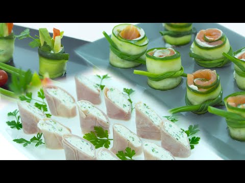 Видео: Роллы с ветчиной и сыром и рулет из огурца с лососем - вкусные закуски
