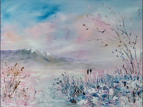 Видео: Зимний пейзаж акрилом. Грунтуем цветом. Winter scene. Add colour into gesso on the canvas