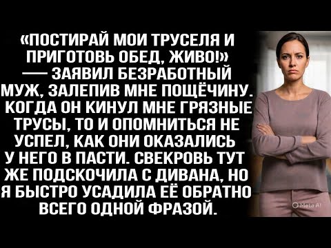 Видео: «Постирай мои труселя и приготовь обед, живо!» — заявил безработный муж, залепив мне пощёчину.