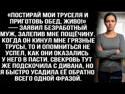 Видео: «Постирай мои труселя и приготовь обед, живо!» — заявил безработный муж, залепив мне пощёчину.