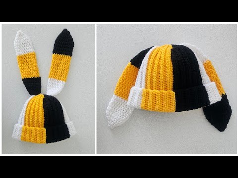 Видео: Шапка крючком  с ушками зайца ❤🐰  / crochet bunny hat tutorial  / Трехцветная шапка из Pinterest