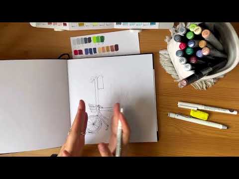 Видео: Рисуем городской скетч. Велосипед в городе