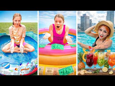 Видео: БЕДНИ vs БОГАТИ vs УЛТРАБОГАТИ БАСЕЙН! Амелка и нейните приятели прекарват 24 часа в басейна