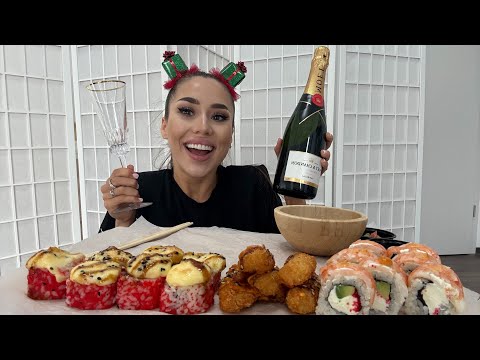 Видео: Мукбанг/ Провожаем старый год🍾🥂🎁/ креветки 🍤 суши 🍱 роллы