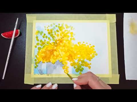 Видео: Онлайн-курс з малювання аквареллю "Святкові листівки". Урок "Малюємо мімозу"