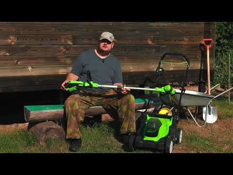 Видео: Тест аккумуляторного триммера Greenworks G24LT30, 24V журналистами Потребитель Garden Tools