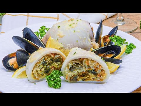 Видео: Кальмары фаршированные!!!  Рис, грибы.... и немного фантазии))))