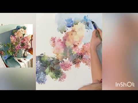 Видео: Букет гортензий в вазе, акварель/watercolor