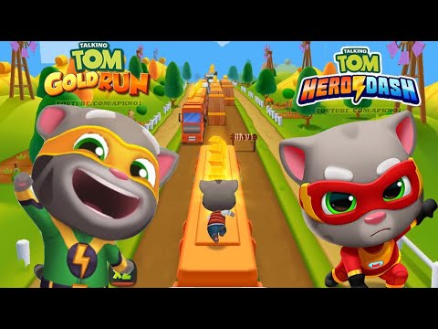 Видео: Talking Tom Gold Run vs Talking Tom Hero Dash Gameplay - Говорящий Том Бег за Золотом Игра Для Детей