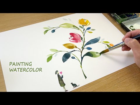 Видео: Простая акварельная живопись листьев / Как нарисовать кошку