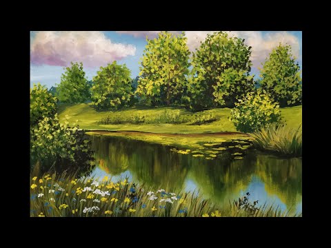 Видео: Мастер-класс по живописи.  Рисуем пейзаж у речки гуашью. (короткая версия)