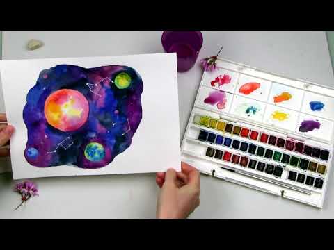 Видео: Акварель / урок 2 / рисуем космос / акварель для новичков