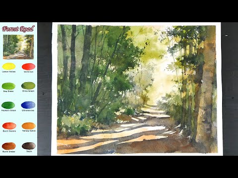 Видео: Без эскиза  Пейзаж Акварель -  Лесная дорога  (просмотр имени цвета,  акварельный материал)