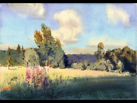 Видео: Луг. Пейзаж акварелью. Meadow. Landscape watercolor