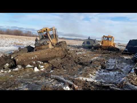 Видео: Вытаскиваем бульдозер Т-170 двумя вездеходами и бульдозером Т-170