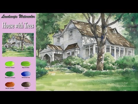 Видео: Пейзажная акварель - Дом с деревьями (sketch & coloring, Arches rough) NAMIL ART