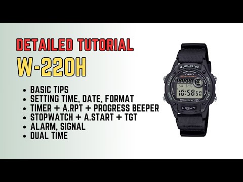 Видео: Подробное руководство по Casio W-220H: как настроить время, дату, таймер, будильник, секундомер, ...