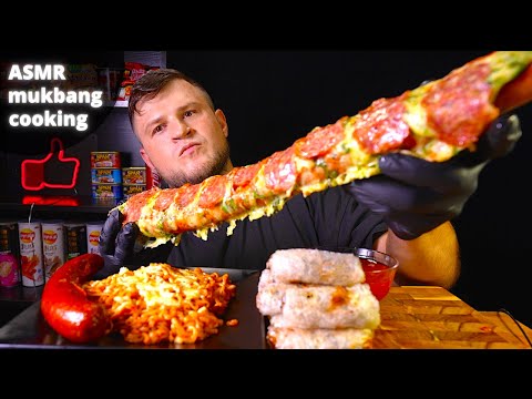 Видео: Pizza bread & Spring rolls & Cheese noodles & Kielbasa ASMR MUKBANG, АСМР МУКБАНГ, 먹방, 大食い, たべる
