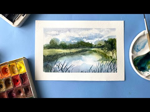 Видео: Как нарисовать пейзаж с озером и лесом акварелью. Watercolor landscape tutorial