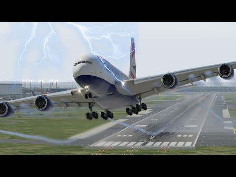 Видео: Взлет огромного самолета A380 во время сильного шторма [XP11]