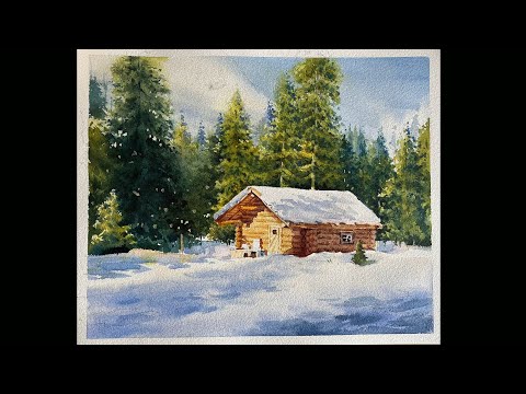Видео: Демонстрационная картина акварелью - Деревянный дом в зимнем лесу