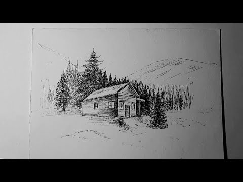 Видео: Зимний пейзаж гелевой ручкой. Процесс,сразу без карандаша.