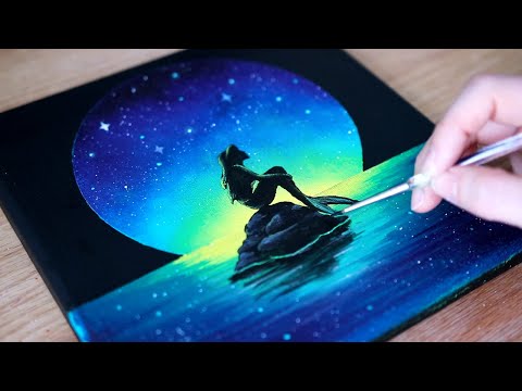 Видео: Акриловая картина | Лунная Русалка | Учебник для рисования черным холстом для начинающих
