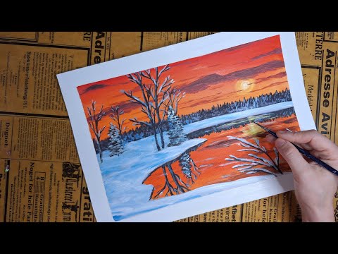 Видео: Как быстро нарисовать зимний пейзаж. Зимний закат