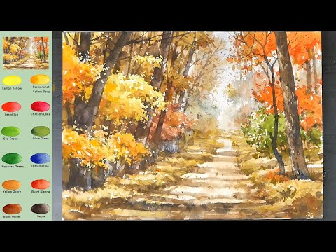Видео: Пейзаж акварелью -В осень(3x скорость,Показать названия цветов)