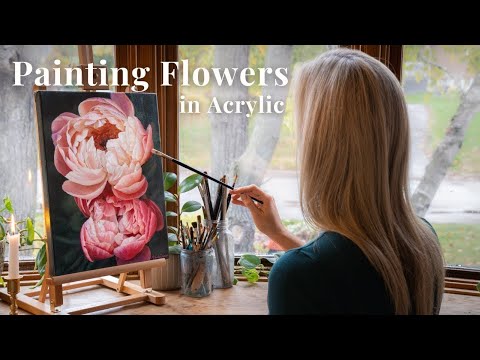 Видео: Как рисовать цветы акрилом || Урок по рисованию пионов в режиме покадровой съемки
