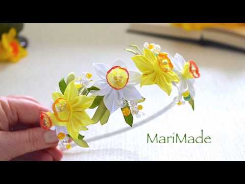 Видео: Канзаши Ободок с Нарциссами из ленты 2 5см Kanzashi Daffodils Headband